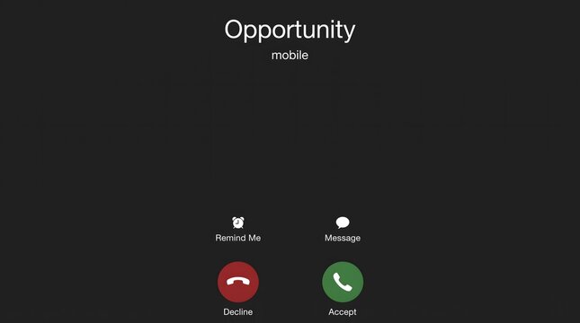 Incoming mobile phone call interface displaying opportunity as a conceptual contact name on a dark screen with control buttons