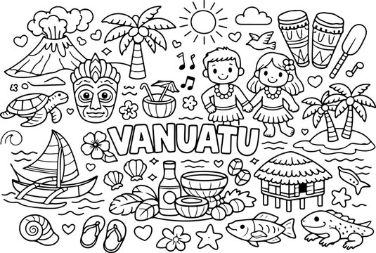 Vanuatu, punti di riferimento, contorno di cartone animato disegnato a mano, illustrazione Line Art, doodle art, pagina da colorare per bambini