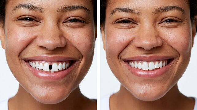 Split frame showing a gap between upper front teeth versus a closed seamless smile. Concept of diastema correction.