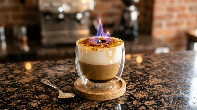 Coffee drink topped with foam is served in a double walled glass cup with an active small flame burning on the surface.