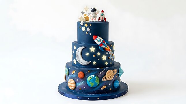 Space themed birthday cake with planets with decorated planets stars three tiered