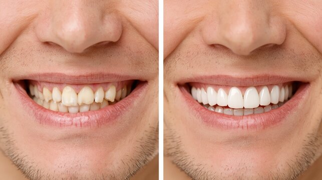 Split frame showing acid-eroded short teeth versus ceramic crowns. Concept of acid erosion restoration.