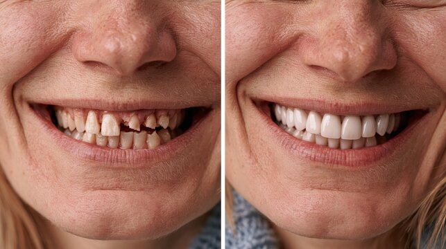 Split frame showing acid-eroded short teeth versus ceramic crowns. Concept of acid erosion restoration.