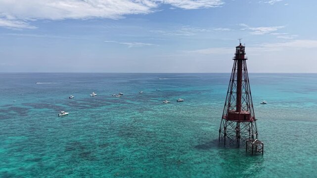 Flying by Sombrero Key Reef Lighthouse near Marathon in the Florida Keys.