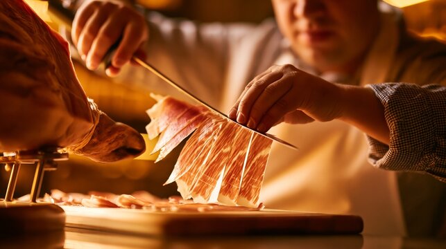 Cortador carving slices from a cured ham leg on a jamonero with slices falling onto a board. Concept of jamon slicing.