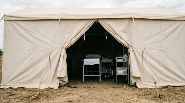 Community Mobile Clinic Tent Flap Open Revealing a Folding Examination Table Inside &ndash; Public Health & Rural Clinic Stock Photo