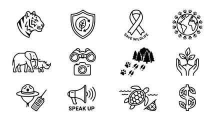 Wildlife Conservation Icons: Tiger, Elephant, Rhino, Turtle, Earth, Shield, Camera, Megaphone © Ceblok