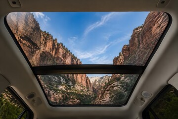 Naklejka premium Panoramic Sunroof Overlooks Canyon Cliffs Through Glass in Scenic Automotive Travel Photography Scene Composition Design