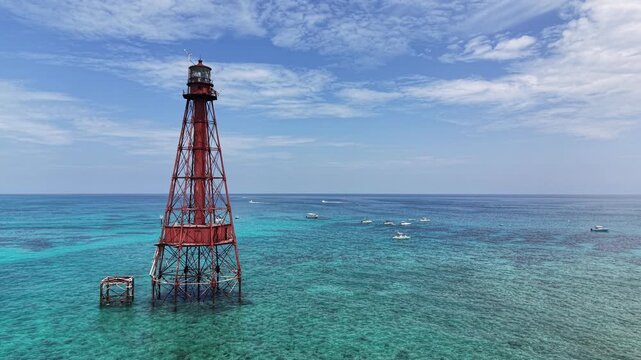 Still shot on a beautiful day Sombrero Key Reef Lighthouse near Marathon in the Florida Keys.