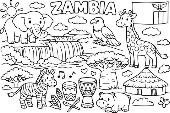 Zambia, punti di riferimento, contorno di cartone animato disegnato a mano, illustrazione Line Art, doodle art, pagina da colorare per bambini