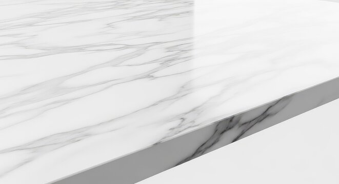 Elegant close-up of a white marble table surface showing delicate grey veining and a polished finish from a low perspective and side angle, light, polished, design