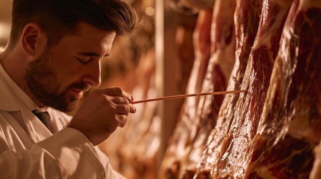 Jamon inspector withdrawing a cala probe from a ham leg to smell the aroma. Concept of jamon quality inspection.