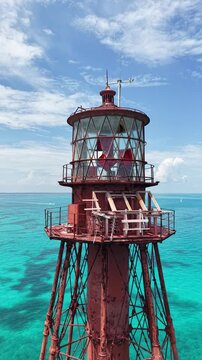 Close up of Sombrero Key Reef Lighthouse near Marathon in the Florida Keys.