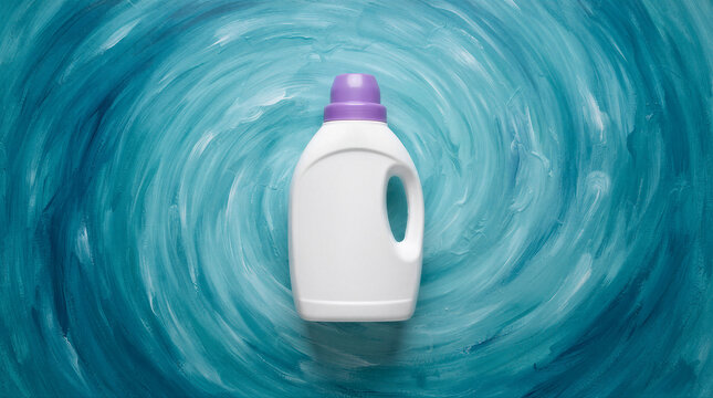 Blank white plastic laundry detergent bottle with purple cap on a blue painted swirl background