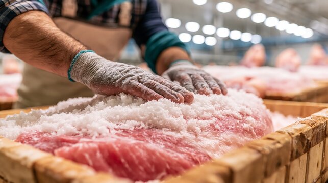 Worker packing salt around a ham leg in a salting box. Concept of jamon salting.
