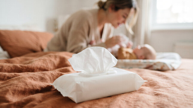 Closeup of a pack of baby wipes on a bed with a mother caring for her infant in the blurred background, soft focus lifestyle shot