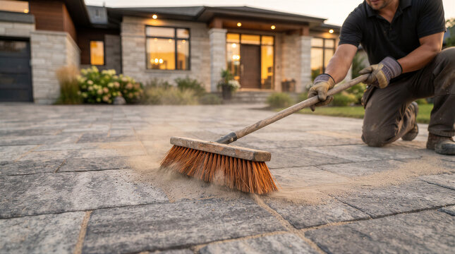 Professional worker sweeping polymeric sand into the joints of a newly installed paver patio or driveway at a residential home