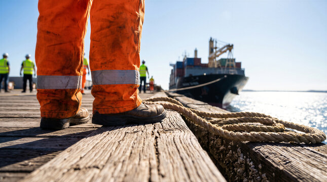 Dock worker standing on a wooden pier with a large cargo ship in the background at a busy industrial port facility