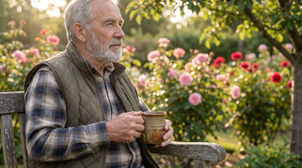 Fototapeta premium Senior man sitting on a wooden bench in a garden, holding a mug of coffee and looking away thoughtfully during a sunny afternoon