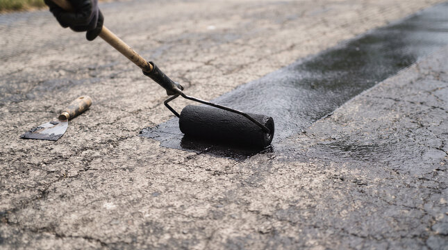 Closeup of a person applying black asphalt sealer to a cracked driveway using a paint roller and a metal scraper tool