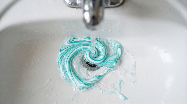 Swirl of blue and white toothpaste in a white bathroom sink under a running faucet