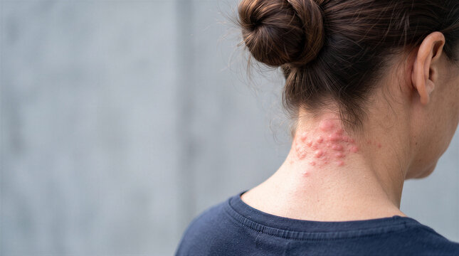 Closeup of a womans neck with a red, irritated skin rash or allergic reaction, showing inflamed bumps and skin irritation