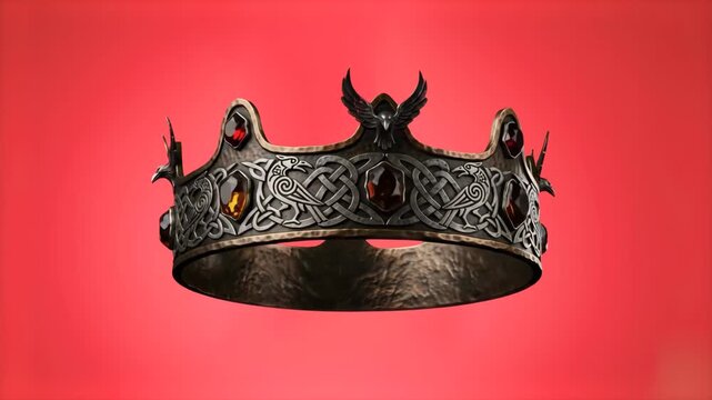 High-detail 3D render of a dark medieval king crown adorned with glowing red gems and detailed carvings, set against a vibrant solid red background. Ideal for fantasy RPG game promos, royal history pr