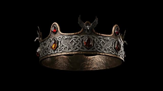 High-contrast 3D model of an ornate dark gothic crown encrusted with red and amber gemstones and intricate filigree, isolated against a solid pitch-black background. Perfect for dark fantasy game UI, 