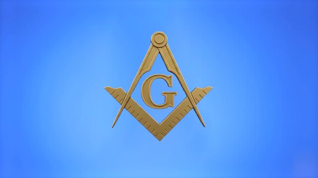 3D animated golden Freemasonry emblem with the iconic Square, Compasses, and letter G. Isolated on a blue screen chroma key background for easy video keying, compositing, and visual effects.