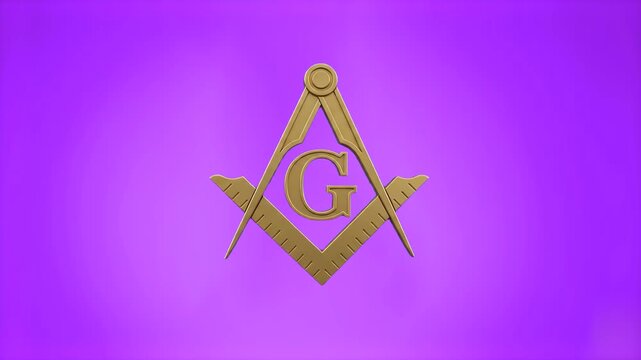 A beautiful 3D motion graphic featuring the golden Freemasonry square and compass symbol with the letter G, set against a vibrant purple and violet gradient backdrop. Perfect for documentaries, histor