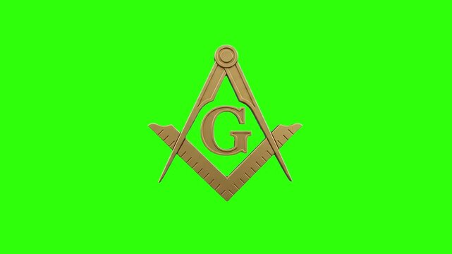 A professional 3D render animation of the traditional Masonic symbol, featuring a golden square, compass, and the letter G in the center. Isolated on a solid chroma key green background for seamless v