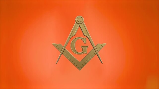 3D animation of the golden Freemasonry symbol featuring the Square, Compasses, and the letter G centered. Isolated on a vibrant orange background for occult, historical, or esoteric video concepts.