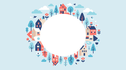 Pastel village house wreath circular frame illustration © Leo