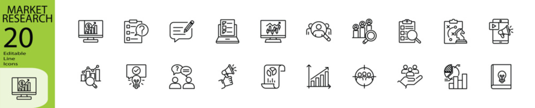 Market Research icon set. Editable stroke.