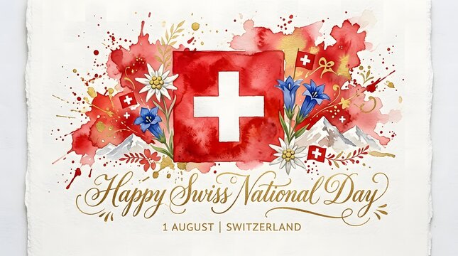 Watercolor swiss flag with mountain peaks.