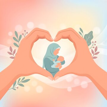 Compassionate Parenting Concept with Heart Shaped Hands Protecting hijab Mother and Baby Silhouette