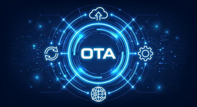 ota update tech concept.A software update delivered over the air without physical connection new