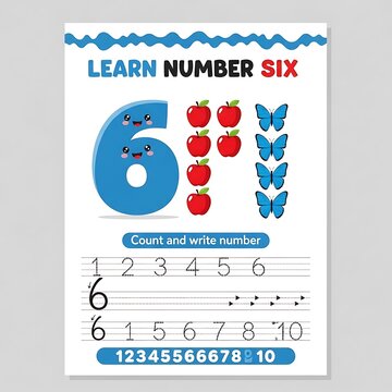 A colorful educational poster teaching children to recognize and write the number six, with strawberries, butterflies, and tracing exercises