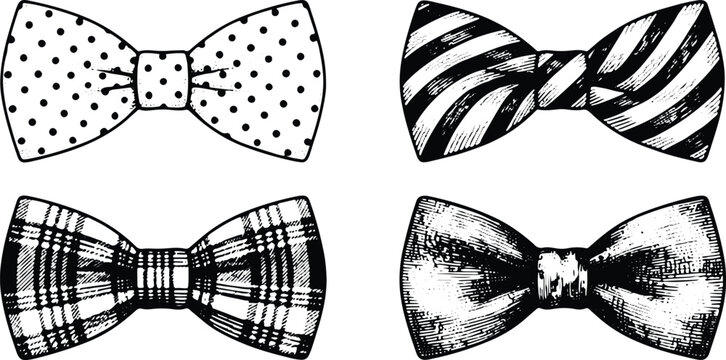 Vintage engraved bow tie collection featuring striped plaid polka dot and classic formal designs