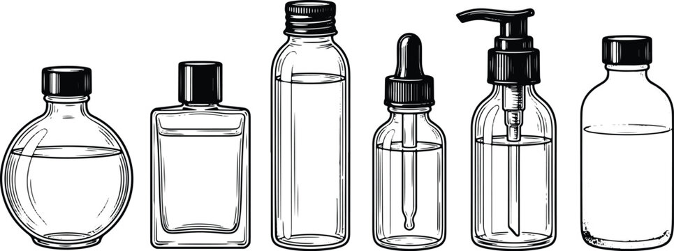Vintage engraved cosmetic glass bottles collection with dropper pump perfume and lotion containers