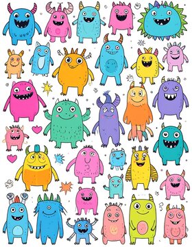 A colorful illustration of 30 cartoon monsters with various shapes, sizes, and expressions