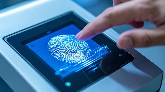 A person scans their finger on a digital biometric security device