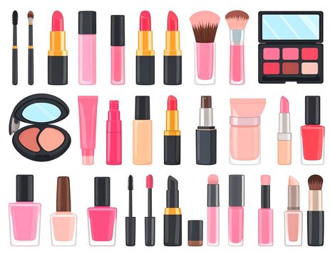 A colorful illustration of various makeup products arranged in rows on a white background