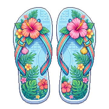 Pair of vibrant tropical floral flip flops featuring detailed pixel art style on white background