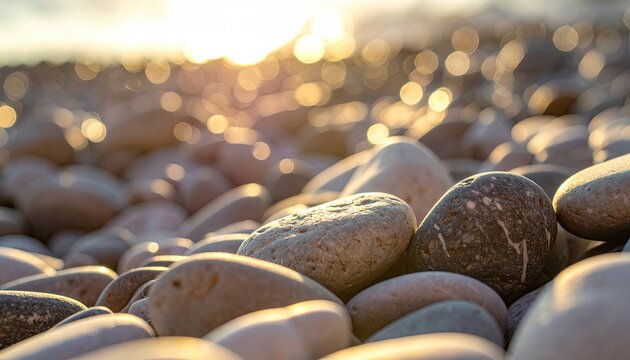 Closeup of smooth pebbles on a beach at sunset