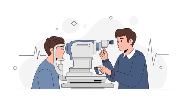 Optometrist examining patient's eye with autorefractor machine, modern flat vector illustration
