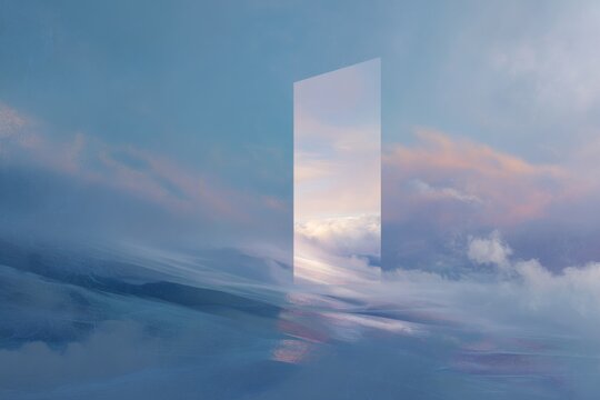 Minimal vertical portal door opening to sky and clouds over reflective water for surreal background and concept wallpaper design