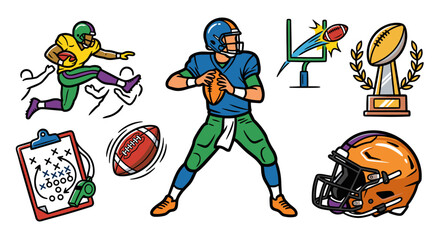 Set of American football illustrations including players, helmet, trophy, and play board, isolated on white background. © Papilouz Studio
