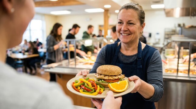 Friendly cafeteria worker serving a healthy lunch meal with a burger and fresh vegetables to a customer in a canteen