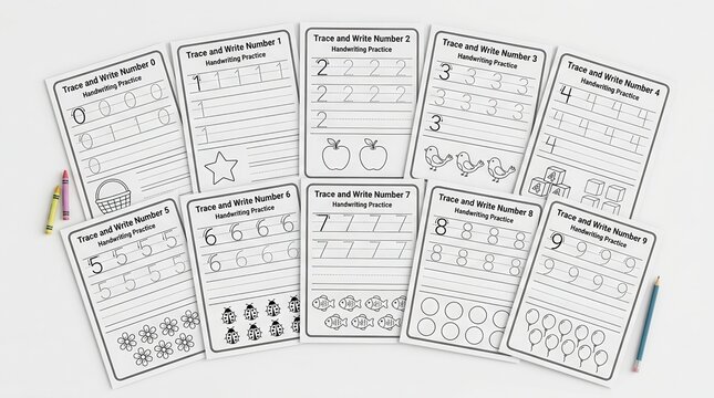 Educational math worksheet set for kids to trace and write numbers from zero to nine with fun counting practice tasks